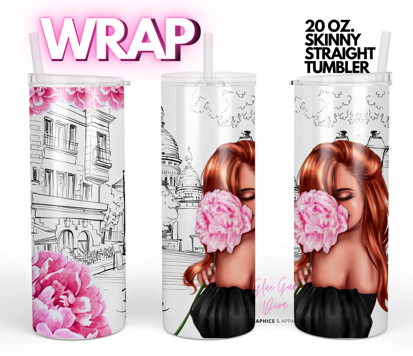 Paris Girl Flower skin tone 4-   Digital tumbler wrap for 20 oz skinny straight tumbler