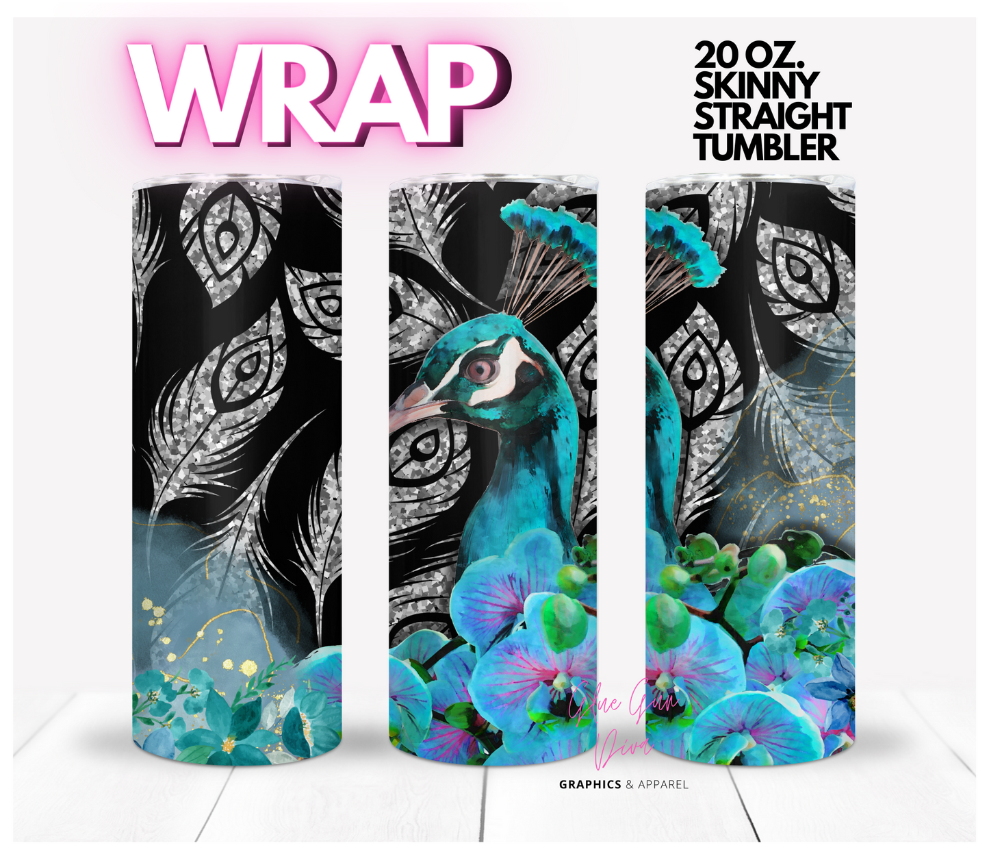 Peacock flowers- Digital tumbler wrap for 20 oz skinny straight tumbler