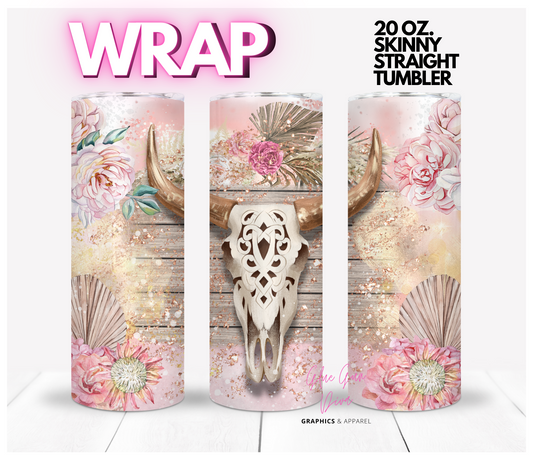 Carved Boho Cow Skull- digital tumbler wrap for 20 oz skinny straight tumbler