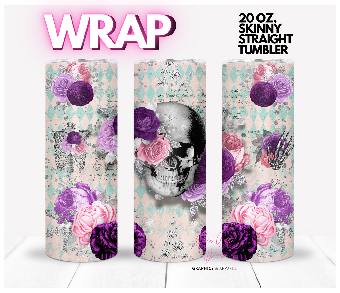 Skull and Purple Pink Roses - Digital tumbler wrap for 20 oz skinny straight tumbler