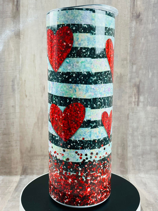 Red Hearts Striped Glitter Valentine's Day, handmade Insulated Tumbler