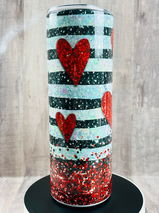 Red Hearts Striped Glitter Valentine's Day, handmade Insulated Tumbler