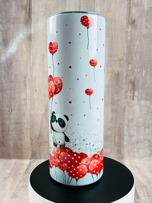 PANDA with Red Heart Balloons Valentine's Day handmade  20 oz stainless steel skinny tumbler with straw, handmade Insulated Tumbler