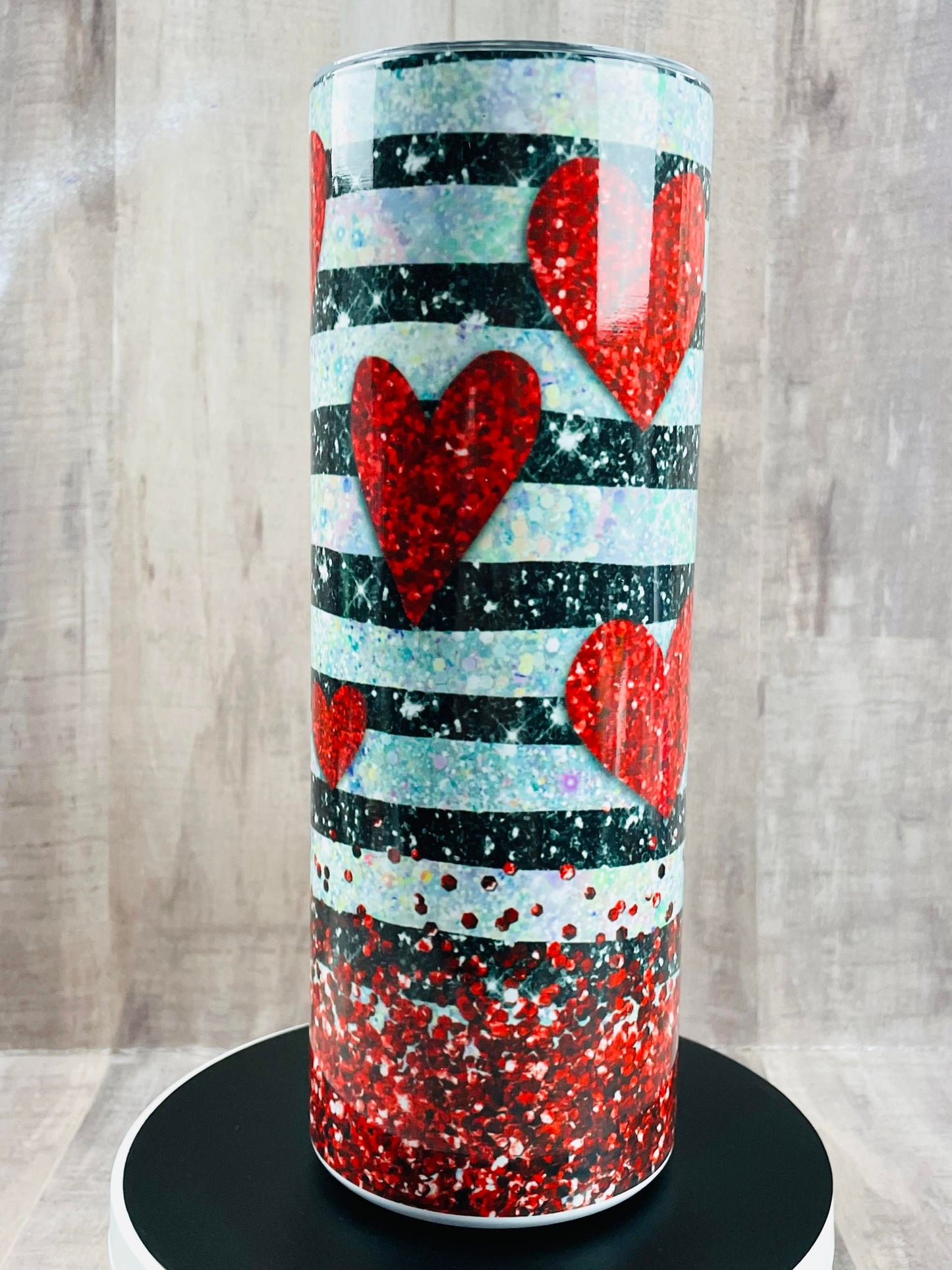 Red Hearts Striped Glitter Valentine's Day, handmade Insulated Tumbler