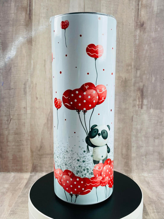 PANDA with Red Heart Balloons Valentine's Day handmade  20 oz stainless steel skinny tumbler with straw, handmade Insulated Tumbler