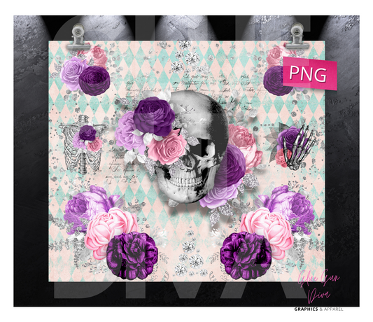 Skull and Purple Pink Roses - Digital tumbler wrap for 20 oz skinny straight tumbler