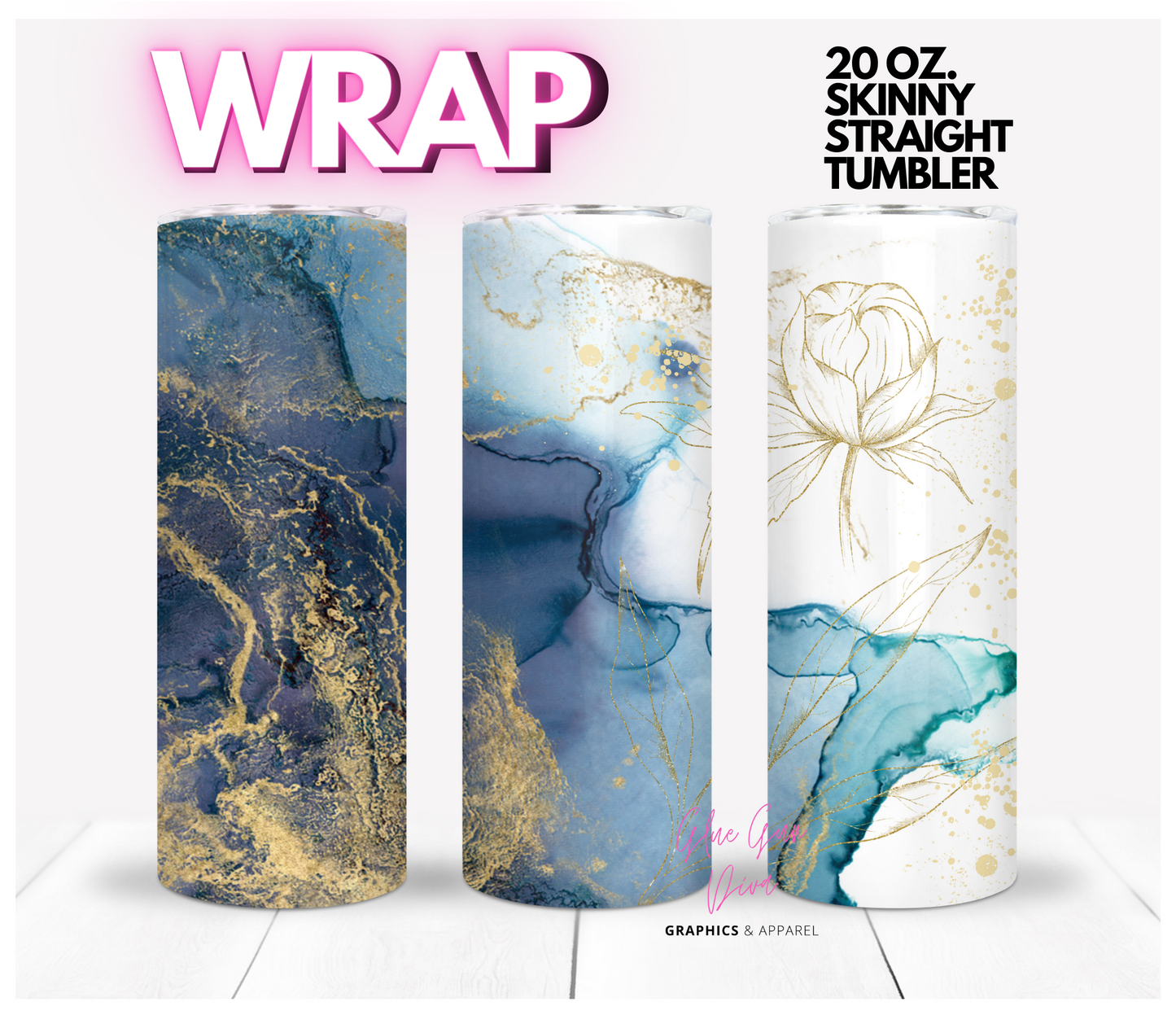 Blue and Gold alcohol ink and Flower - Digital tumbler wrap for 20 oz skinny straight tumbler