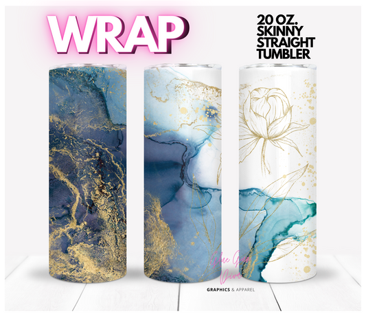 Blue and Gold alcohol ink and Flower - Digital tumbler wrap for 20 oz skinny straight tumbler