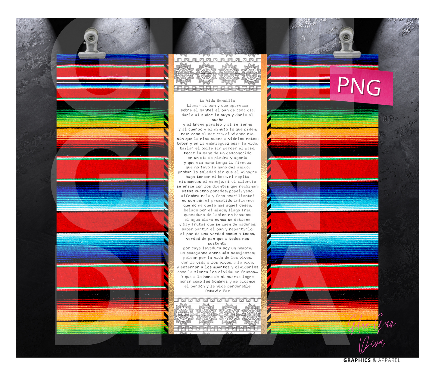 Octavio Paz Poem Serape- Digital tumbler wrap for 20 oz skinny straight tumbler