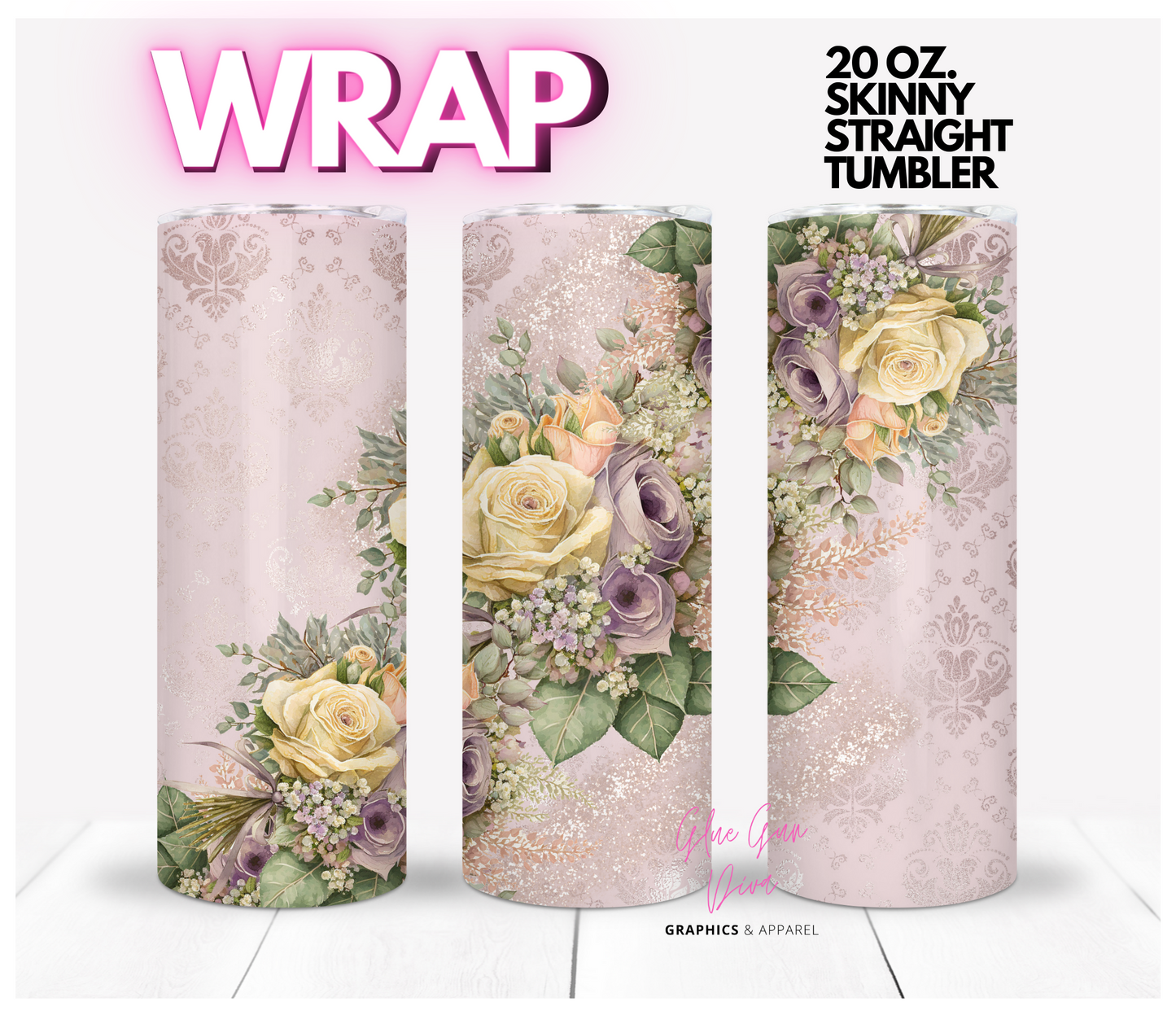 Romantic Damask - Digital tumbler wrap for 20 oz skinny straight tumbler