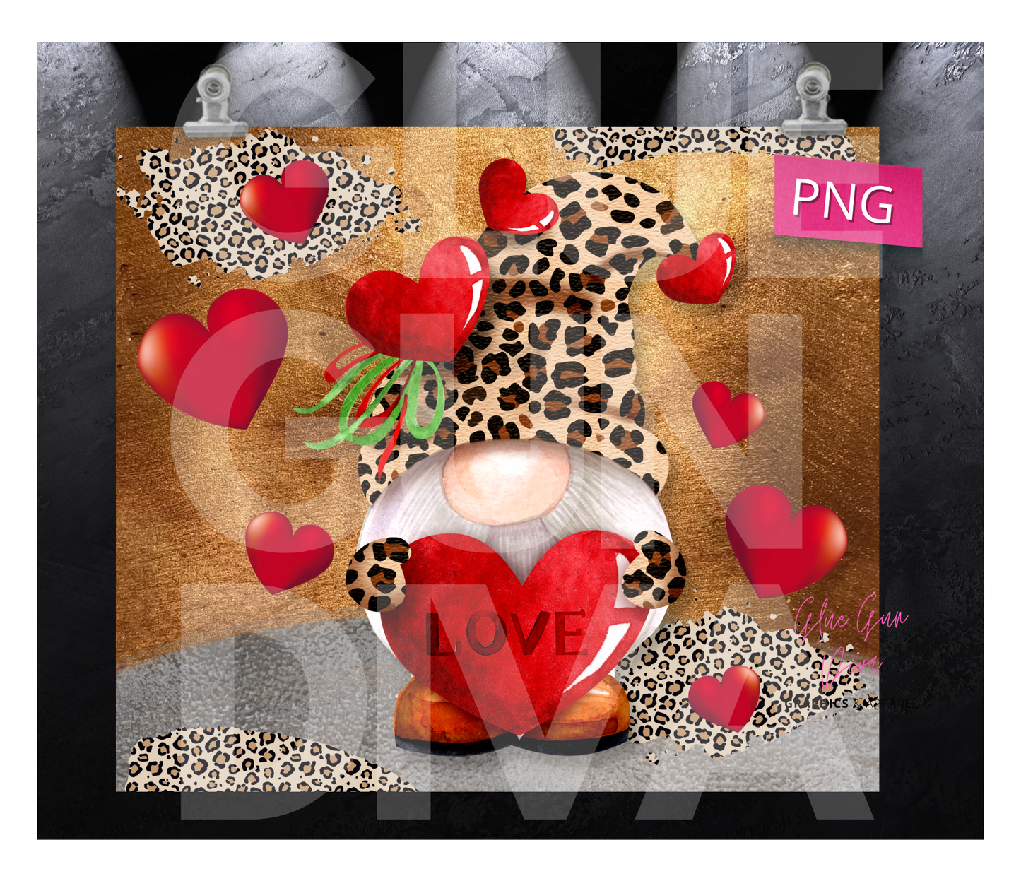 Love Leopard Hearts Gnome- Digital tumbler wrap for 20 oz skinny straight tumbler