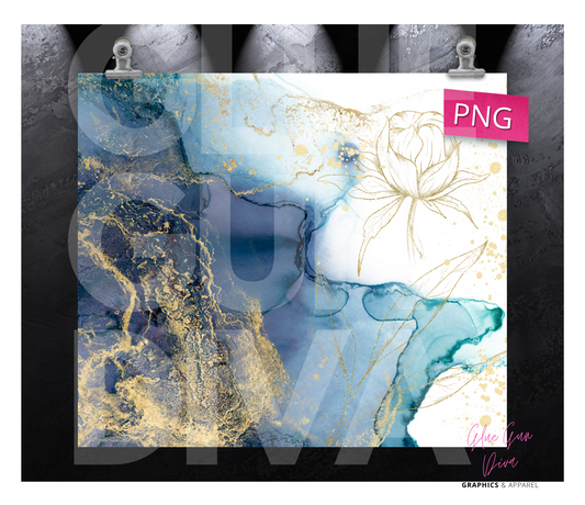 Blue and Gold alcohol ink and Flower - Digital tumbler wrap for 20 oz skinny straight tumbler