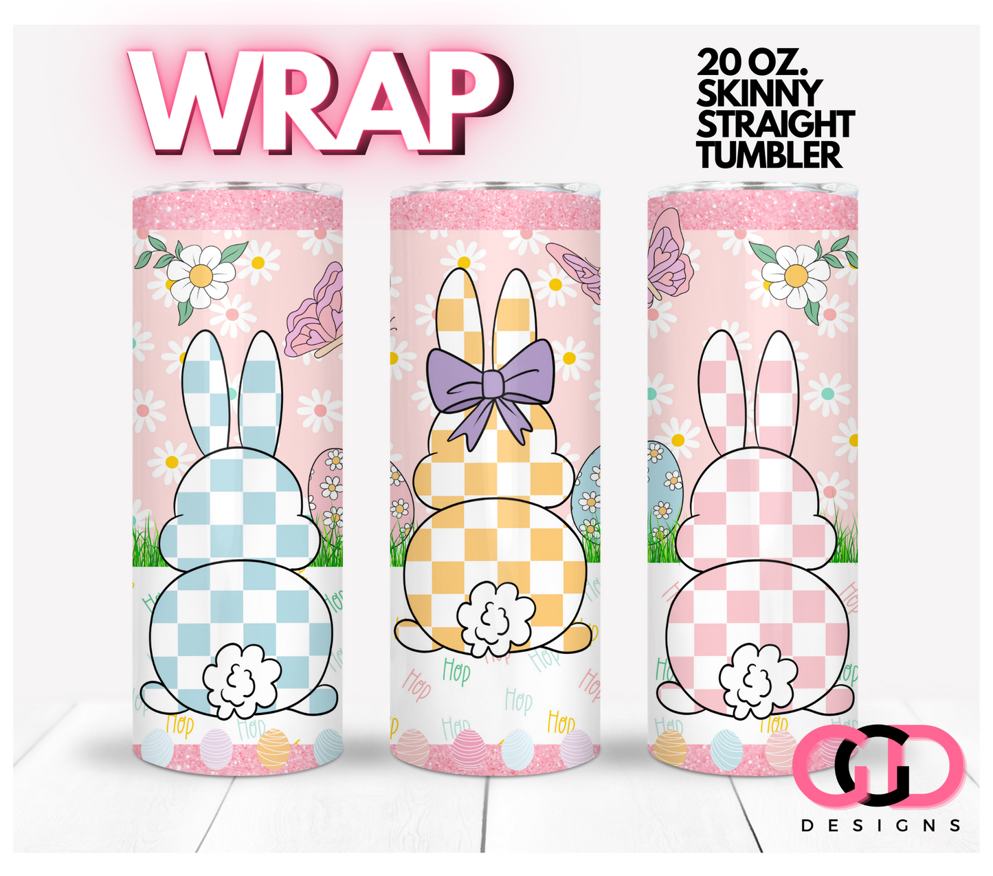 Checkered Easter Bunnies and Butterflies - Digital tumbler wrap for 20 oz skinny straight tumbler