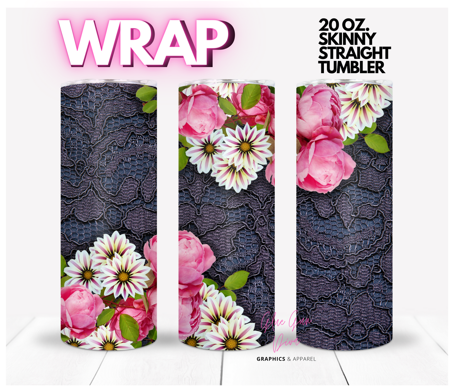 Flowers against purple lace-   Digital tumbler wrap for 20 oz skinny straight tumbler