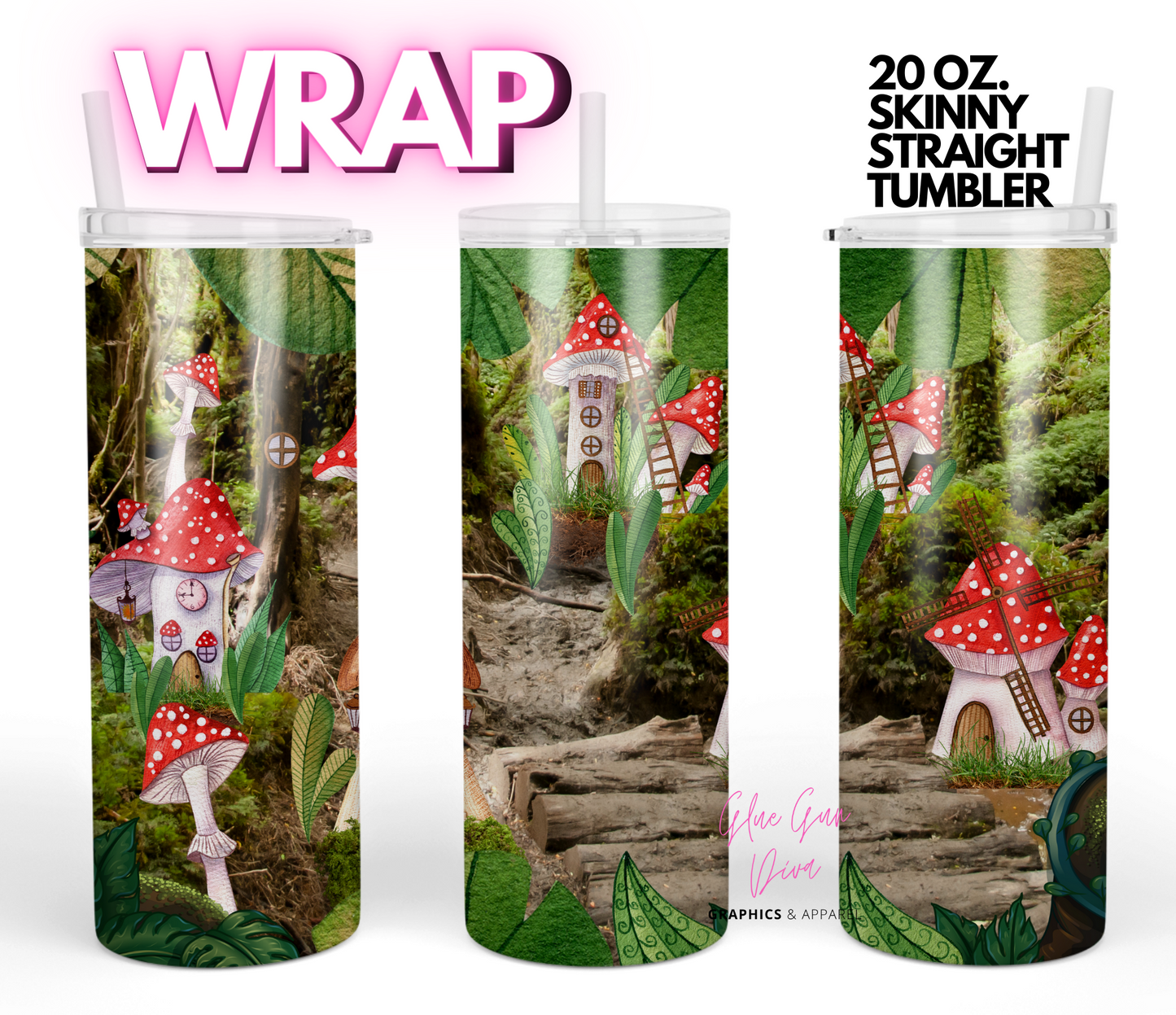 Mushroom Village - Digital tumbler wrap for 20 oz skinny straight tumbler