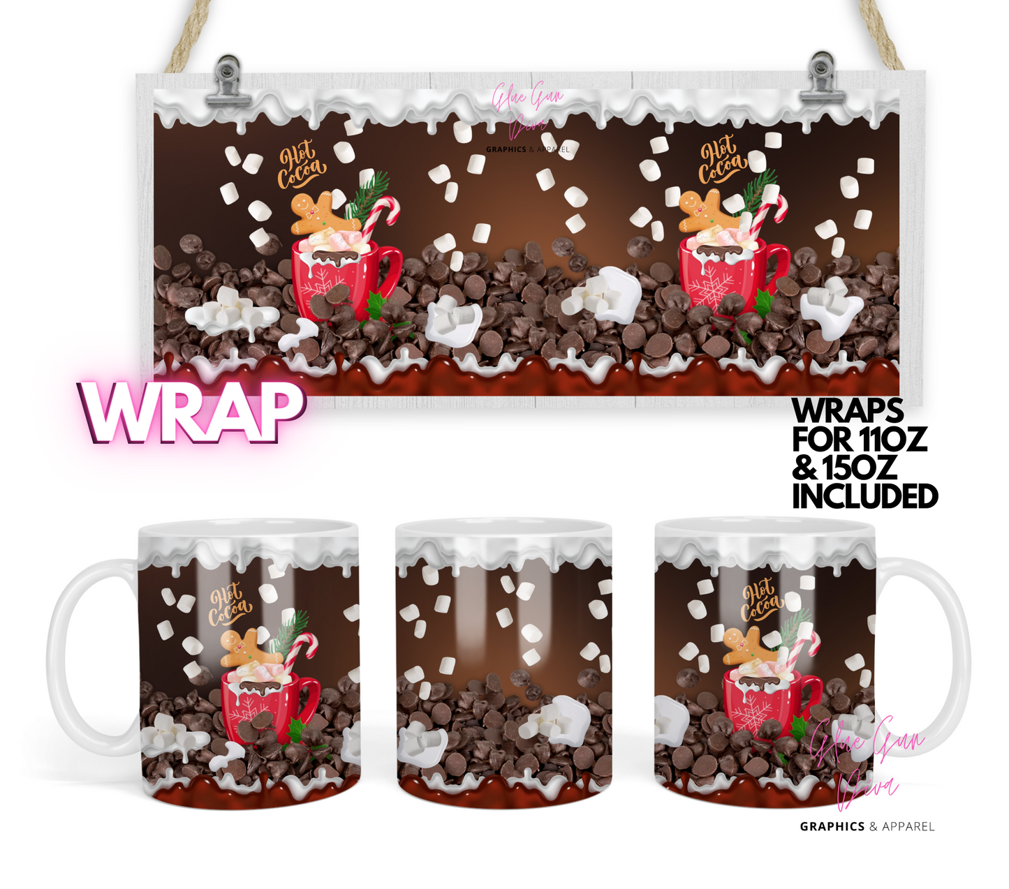 Hot Cocoa Mug and Marshmallows - Digital mug wrap for 11 and 15 oz