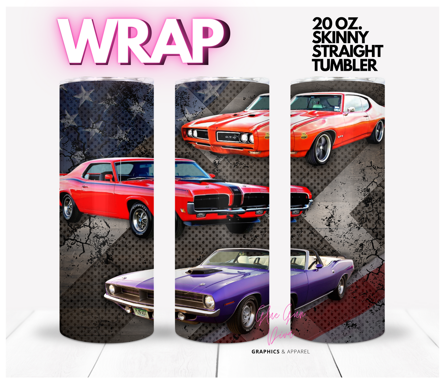 American Muscle Cars- Digital tumbler wrap for 20 oz skinny straight tumbler