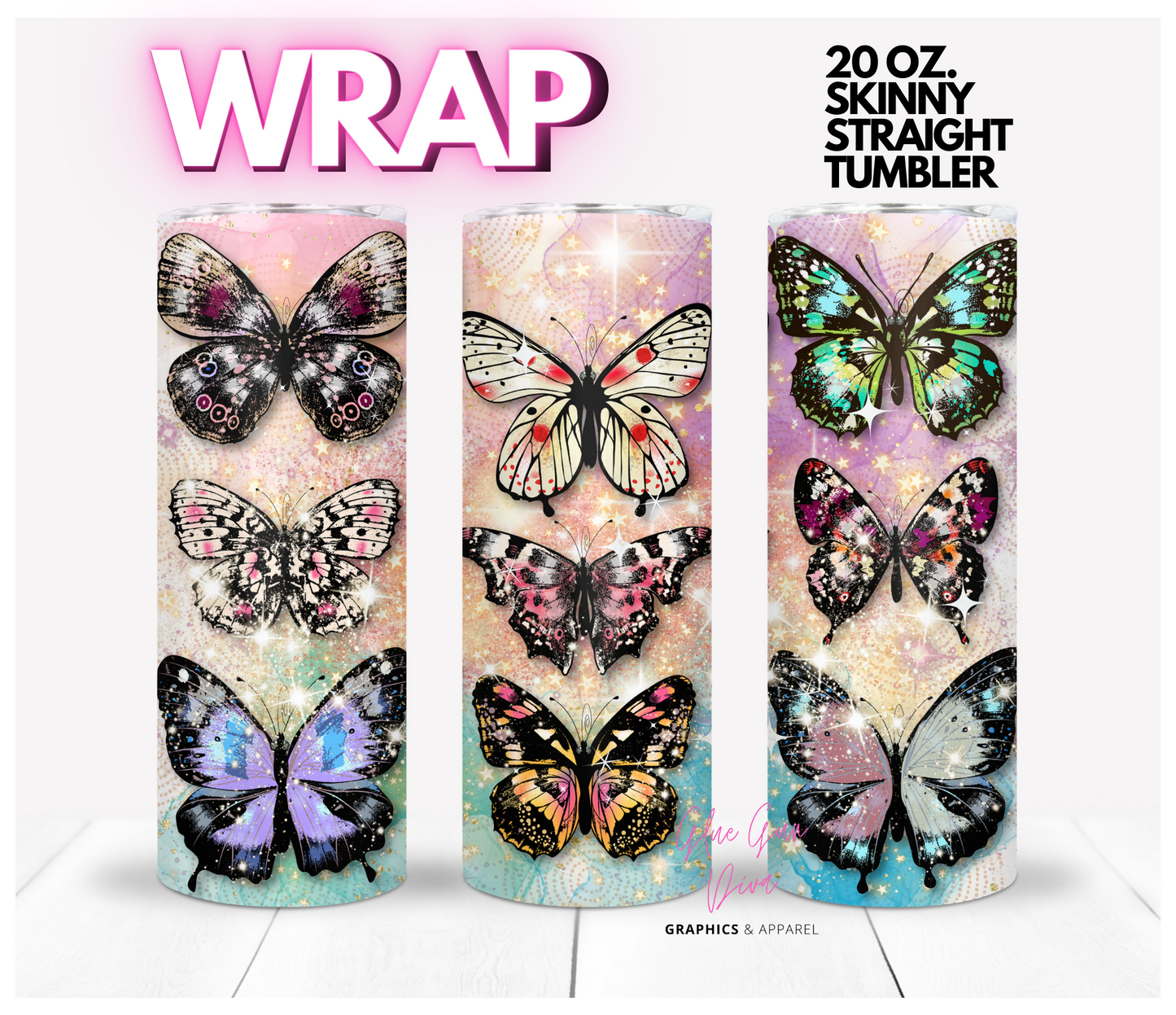 Sparkly Butterflies - Digital tumbler wrap for 20 oz skinny straight tumbler