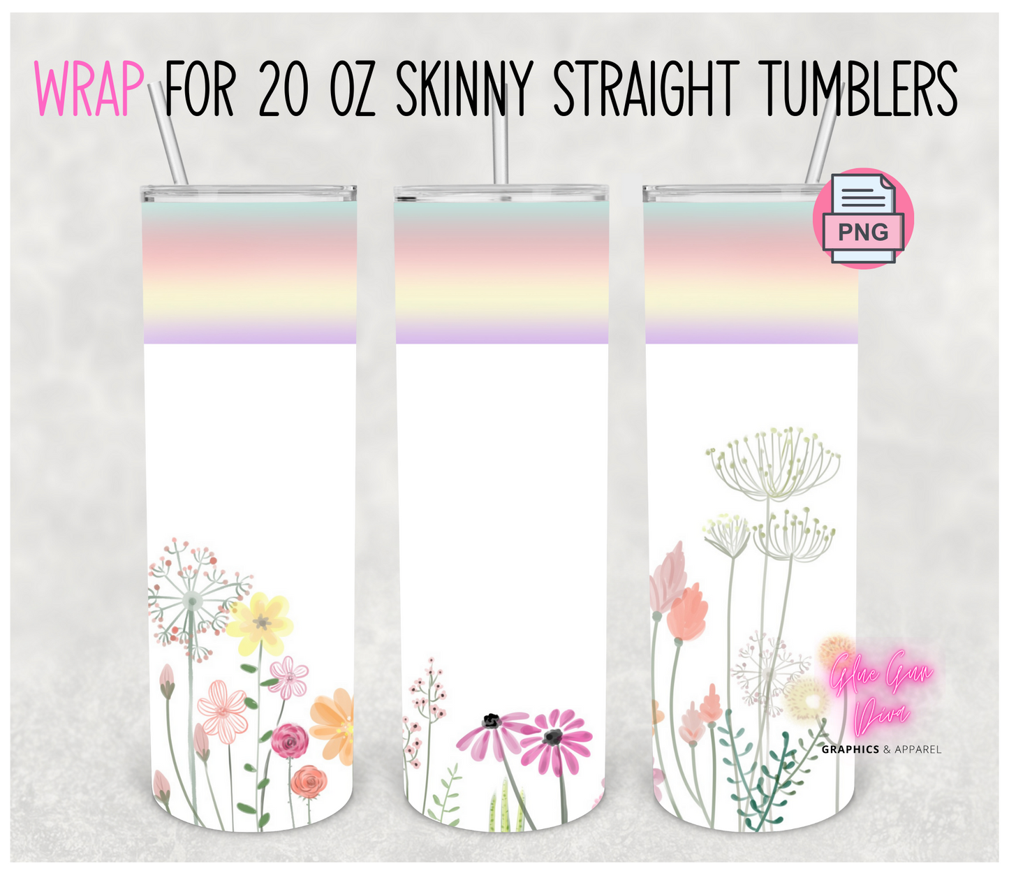 Wild flowers white background -Digital tumbler wrap for 20 oz skinny straight tumbler