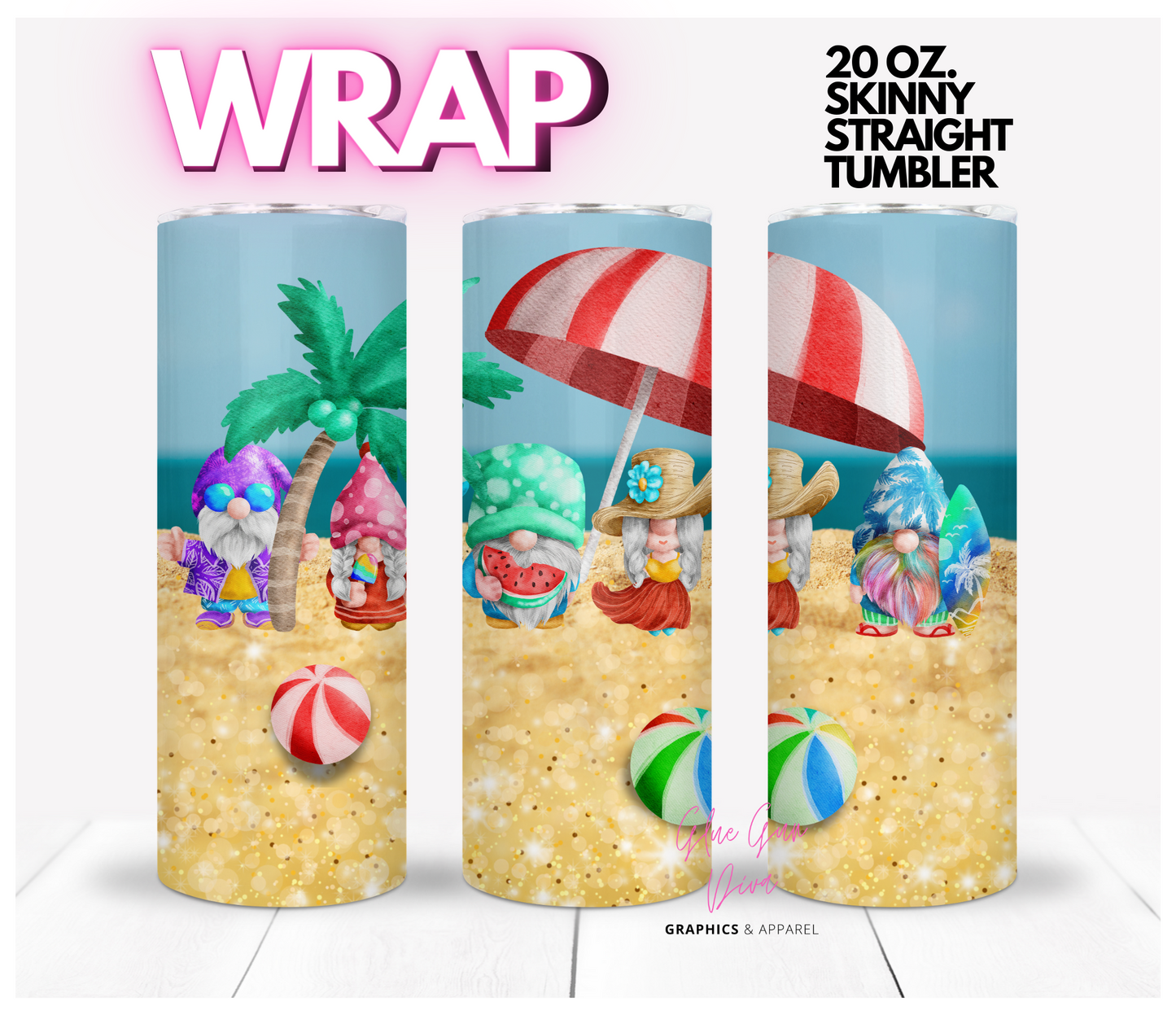 Gnomes at the beach- Digital tumbler wrap for 20 oz skinny straight tumbler