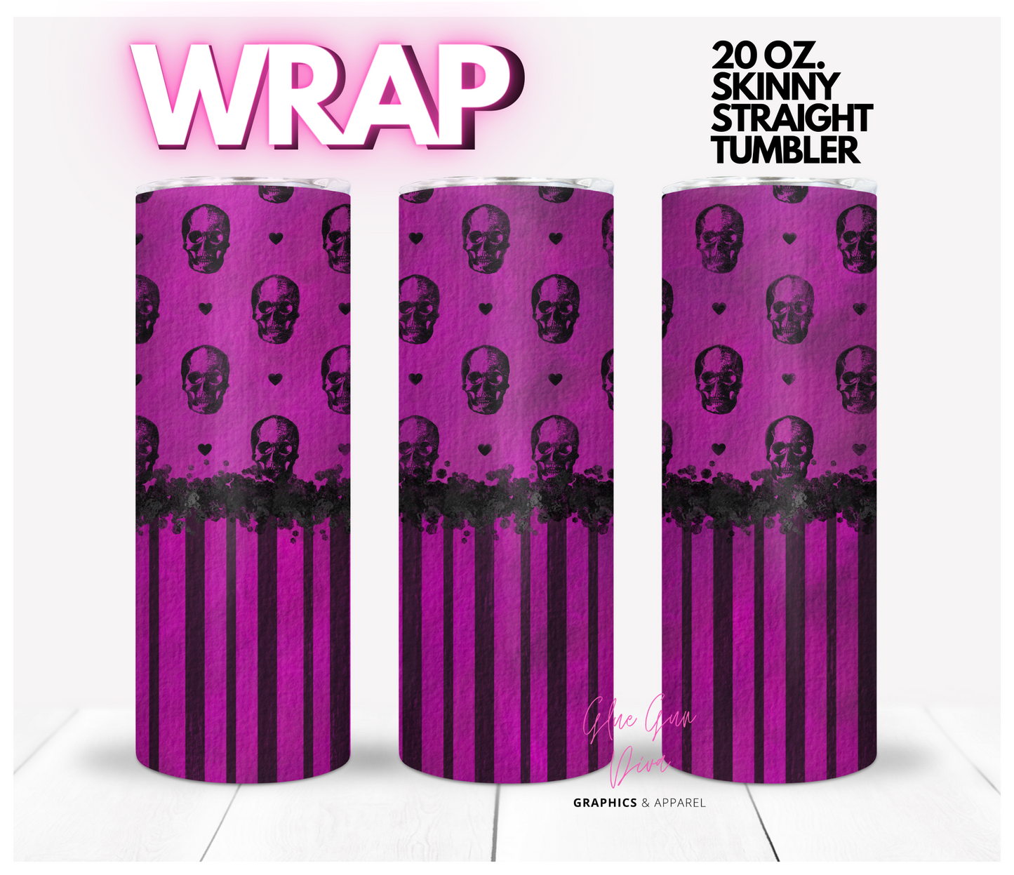 Skulls in Fuchsia -  Digital tumbler wrap for 20 oz skinny straight tumbler