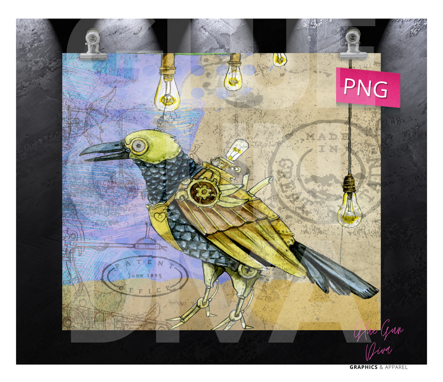 Steampunk Bird -Digital tumbler wrap for 20 oz skinny straight tumbler