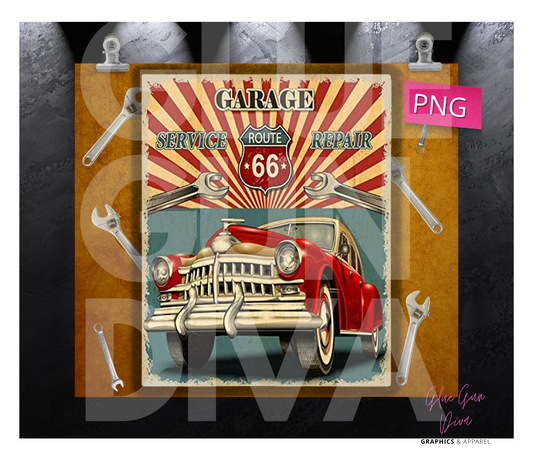 Garage Route 66 vintage car -   Digital tumbler wrap for 20 oz skinny straight tumbler