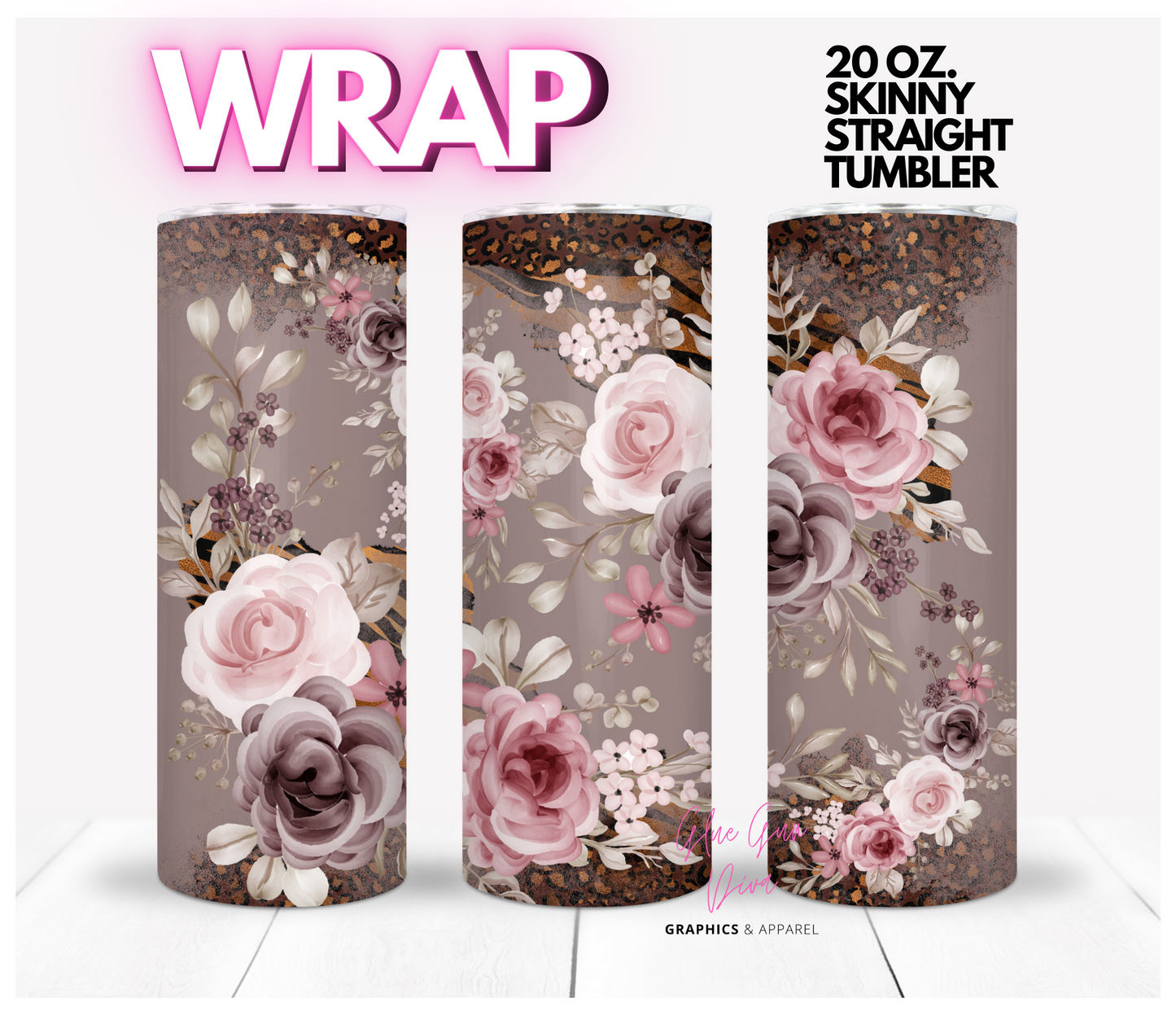 Bouquets and Animal Print- Digital tumbler wrap for 20 oz skinny straight tumbler