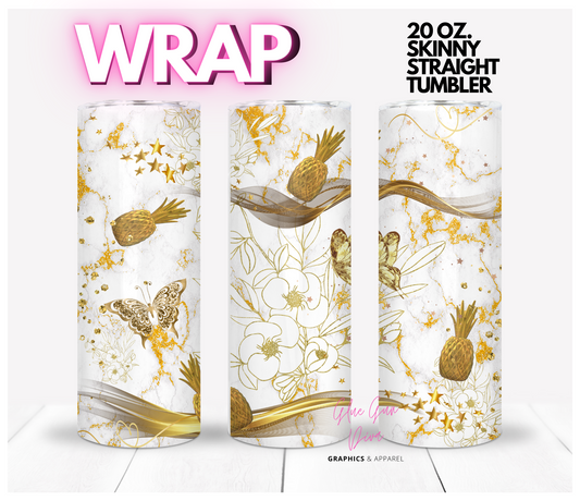 Gold pineapples and Flowers -   Digital tumbler wrap for 20 oz skinny straight tumbler