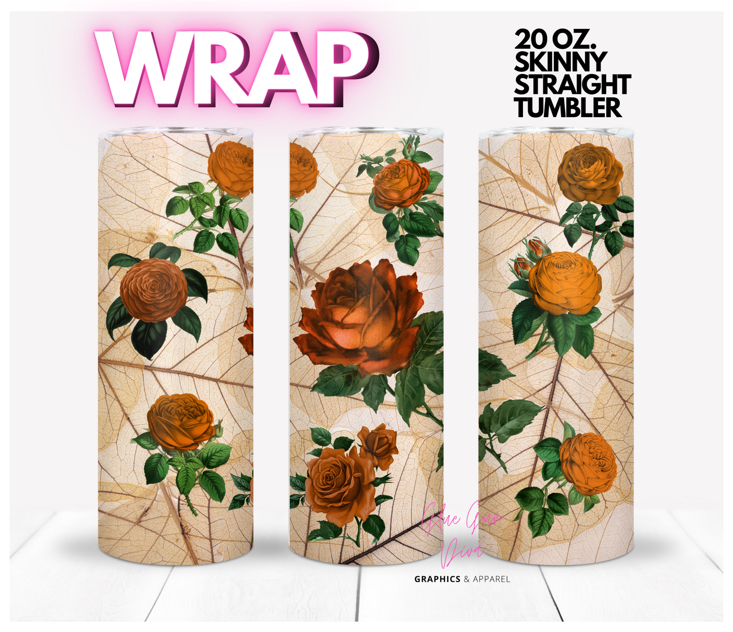 Vintage Orange Flowers - Digital tumbler wrap for 20 oz skinny straight tumbler