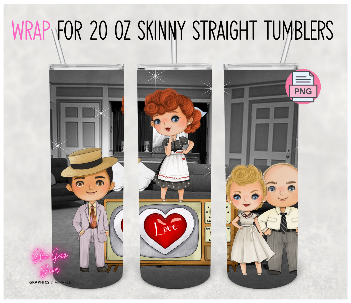 Lucy and Friends- Digital tumbler wrap for 20 oz skinny straight tumbler