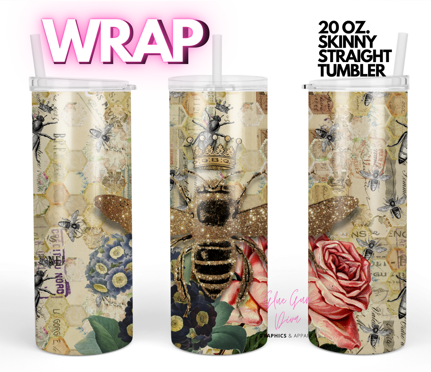 Golden Queen Vintage- Digital tumbler wrap for 20 oz skinny straight tumbler