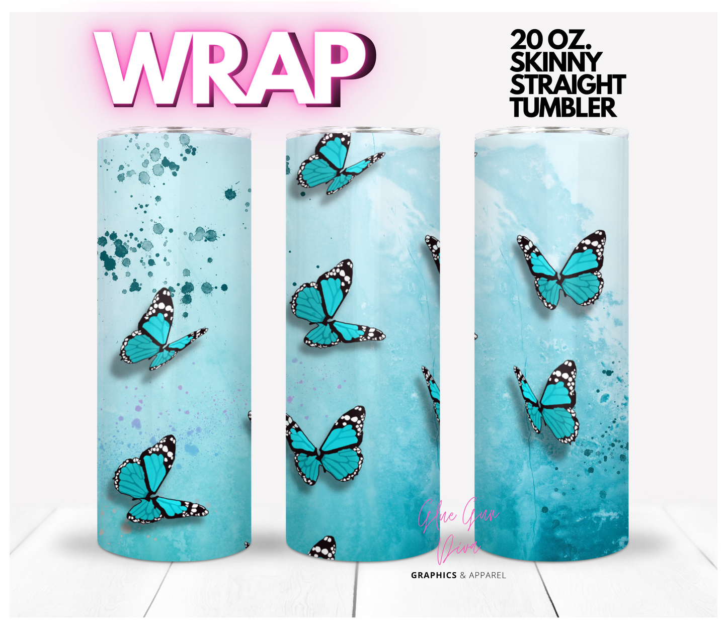 Blue Tiny Butterflies- Digital tumbler wrap for 20 oz skinny straight tumbler