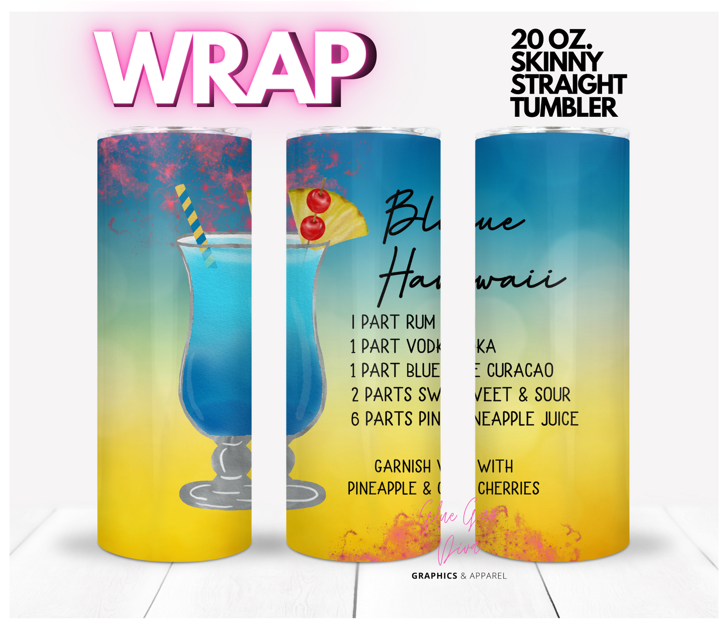 Blue Hawaii - Digital tumbler wrap for 20 oz skinny straight tumbler