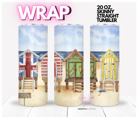 Beach Huts - Digital tumbler wrap for 20 oz skinny straight tumbler