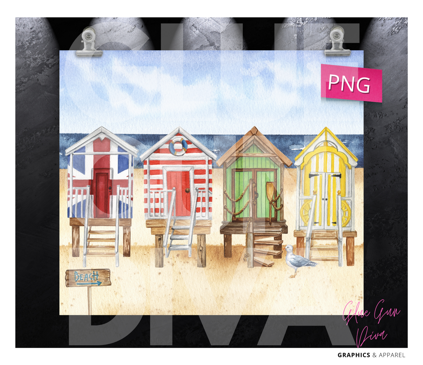 Beach Huts - Digital tumbler wrap for 20 oz skinny straight tumbler