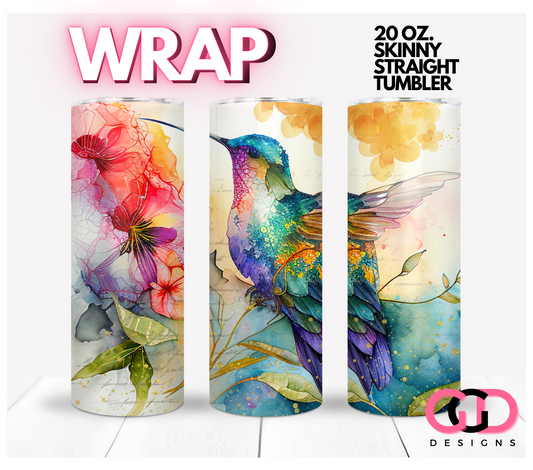 Watercolor Hummingbird and Flowers -Digital tumbler wrap for 20 oz skinny straight tumbler