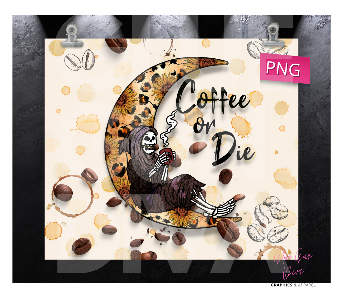 Coffee or Die - Digital tumbler wrap for 20 oz skinny straight tumbler