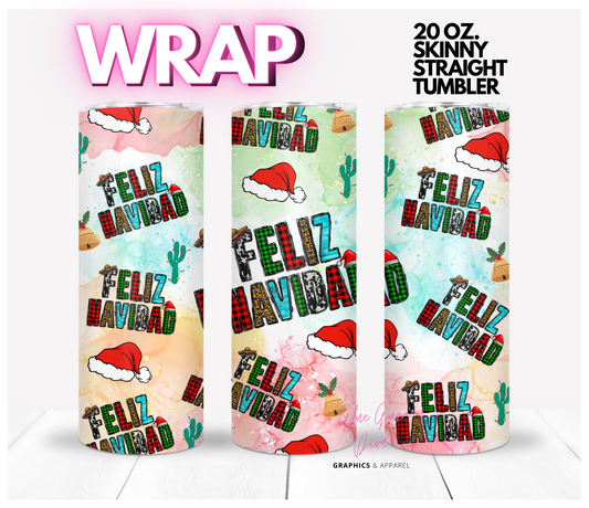 Feliz Navidad Santa Hats - Digital tumbler wrap for 20 oz skinny straight tumbler