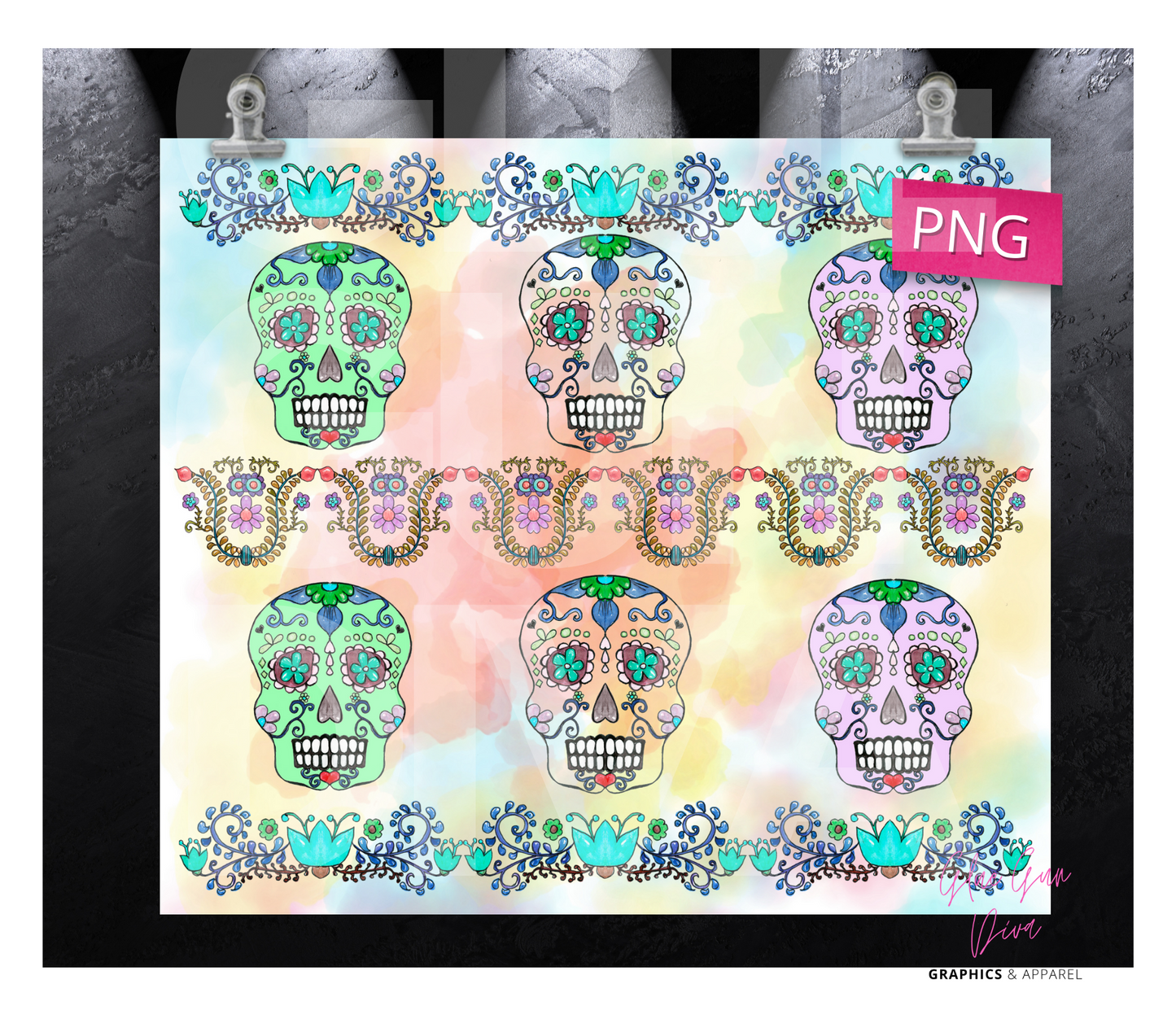 Colorful Sugar Skulls-  Digital tumbler wrap for 20 oz skinny straight tumbler