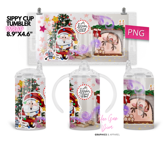 Reindeer is coming to town - Digital Sippy Cup Wrap for kid's cups 12 oz