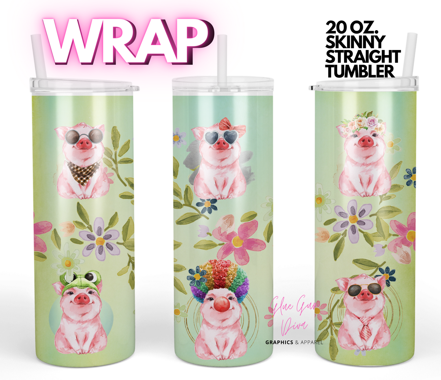 Pigs with wigs - Digital tumbler wrap for 20 ox skinny straight tumbler