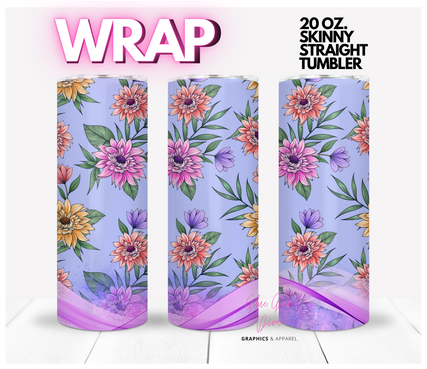 Purple Ribbon flowers-   Digital tumbler wrap for 20 oz skinny straight tumbler