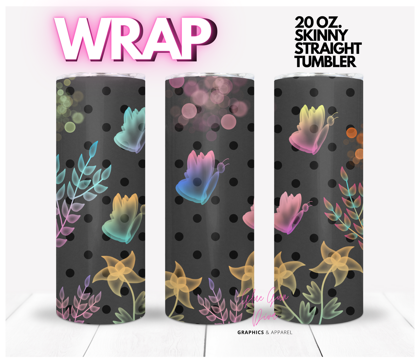 Transparent Butterflies - Digital tumbler wrap for 20 oz skinny straight tumbler