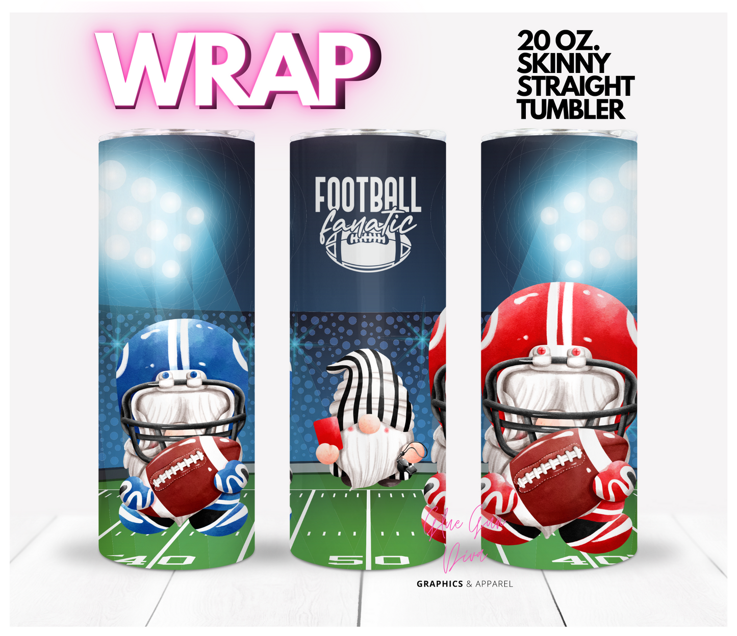 Football Fanatic Gnomes -  Digital tumbler wrap for 20 oz skinny straight tumbler