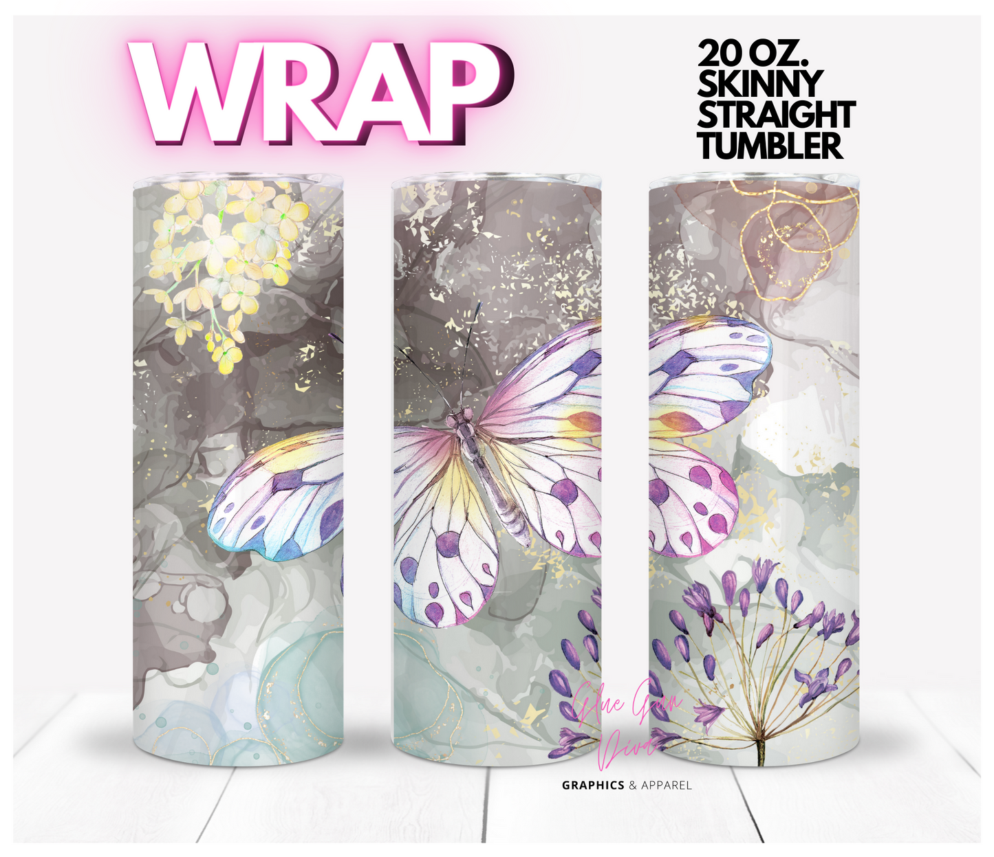 Neutral Marble Butterfly -  Digital tumbler wrap for 20 oz skinny straight tumbler