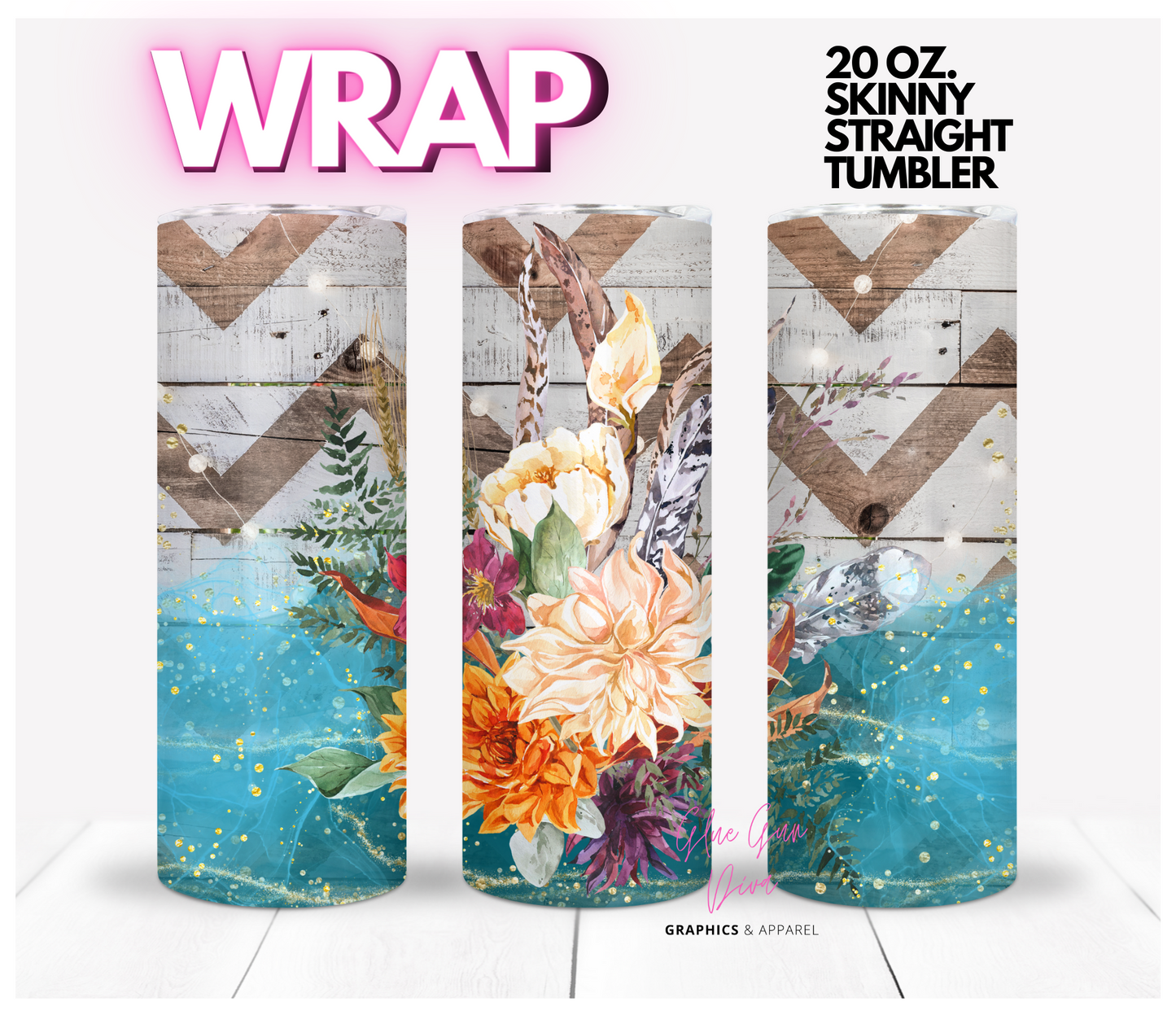 Flowers Feathers and Chevron - Digital tumbler wrap for 20 oz skinny straight tumbler