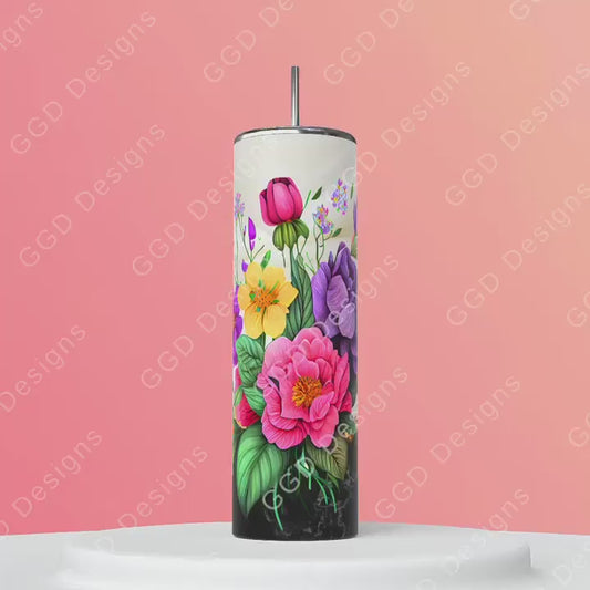 Black Marble Flowers and Pearls-   Digital tumbler wrap for 20 oz skinny straight tumbler