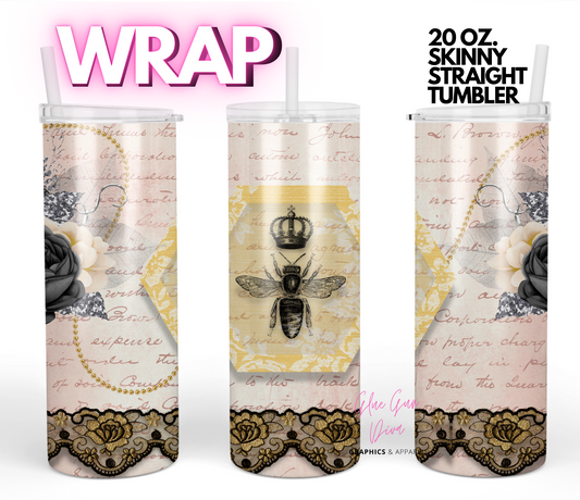 Queen Bee Black Lace- Digital tumbler wrap for 20 oz skinny straight tumbler