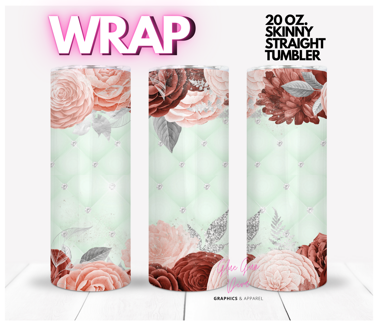 Mint Tufted Flowers  -Digital tumbler wrap for 20 oz skinny straight tumbler